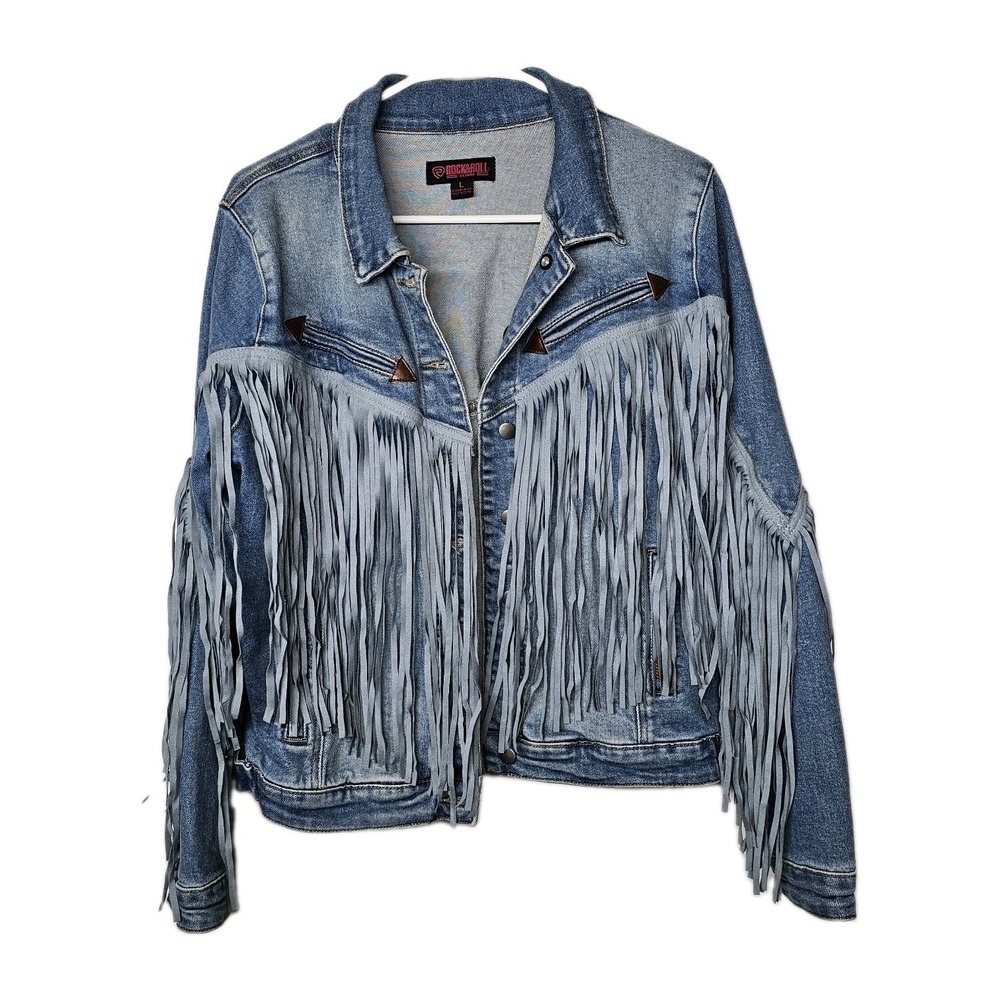 Rock and Roll Denim Jacket With Fringe Size Large Button Front Pockets Western